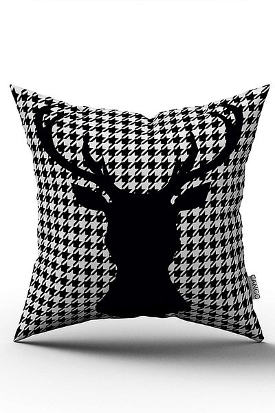 Cango Home Black and White Houndstooth and Deer Patterned Digital Printed Throw Pillow Cover - OTYK549