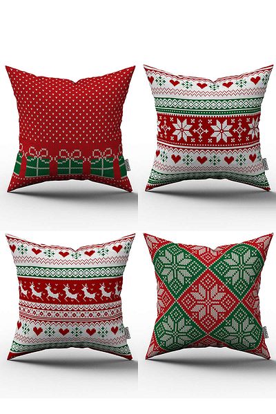 Cango Home Set de 4 huse de pernă cu tema de Anul Nou, roșu, verde, imprimate digital - 4kmbs060