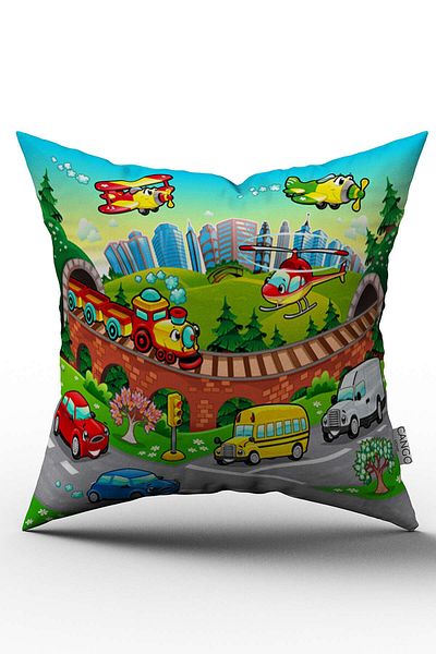 Cango Home Husă de pernă pentru copii, educațională, imprimată digitală, cu vehicul de transport albastru - Chcck17