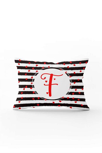 Cango Home Black and White Striped Red Heart Patterned Double Sided Digital Printed Throw Pillow Cover Letter F