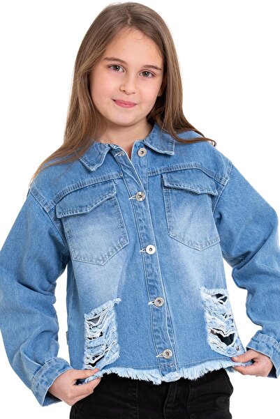 zepkids Shirt Collar Long Sleeve Back Butterfly Embroidered Blue Color Girl's Jean Jacket