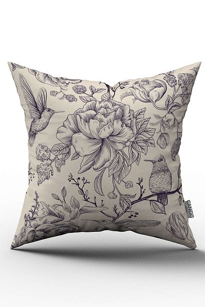 Cango Home Beige Navy Blue Flower and Bird Patterned Digital Printed Throw Pillow Cover - Otyk800