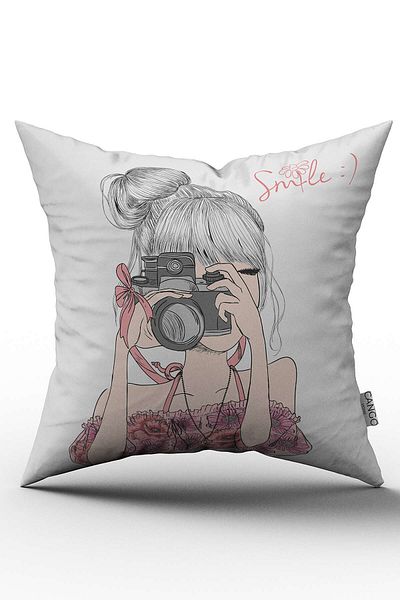 Cango Home Husă de pernă pentru copii, cu două fețe, albă, neagră, imprimată digitală, cu figuri pentru fete care fac fotografii - Oty