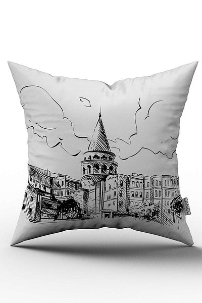 Cango Home Husă de pernă albă neagră Turnul Galata imprimată digital - Otyk454