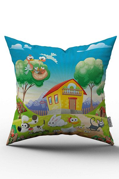 Cango Home Față de pernă pentru copii, cu două fețe, Green Animals Village, imprimată digitală - Chcck15-ct