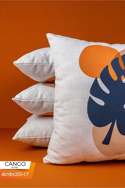Cango Home Set of 4 Digital Printed Double Sided Navy Blue and Orange Leaf Patterned Throw Pillow Covers - 4k