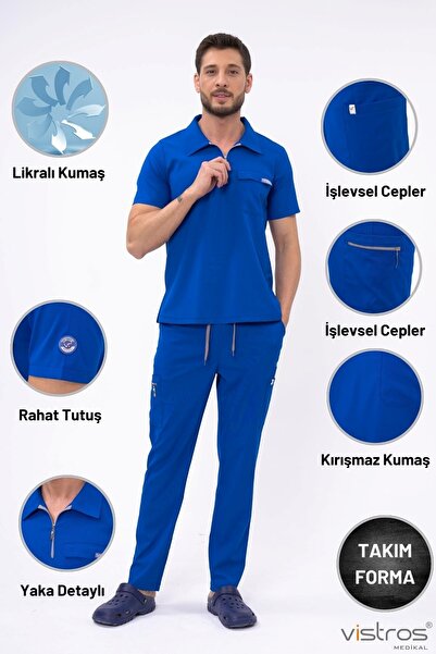 Vistros Medikal Lüks Polo Yaka Likralı Yüksek Kaliteli Scrubs Saks Mavi Hemşi...
