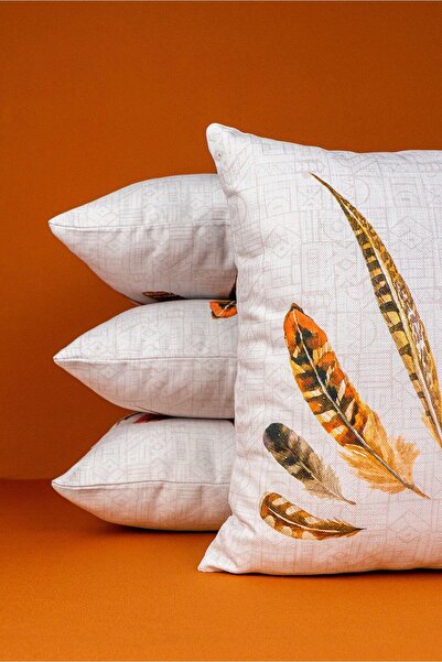 Cango Home Double Sided Brown Red Ethnic Style Feather Patterned 4-Piece Digital Printed Throw Pillow Cover Set