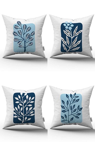 Cango Home Set de fete de pernă decorative alb-albastru, cu model de frunze, imprimate digital, 4kmbs125