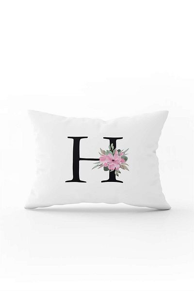 Cango Home Ροζ Floral Μαύρο Γράμμα Διπλής Όψης Ψηφιακή Εκτύπωση Ριχτάρι Μαξιλαροθήκη Letter H