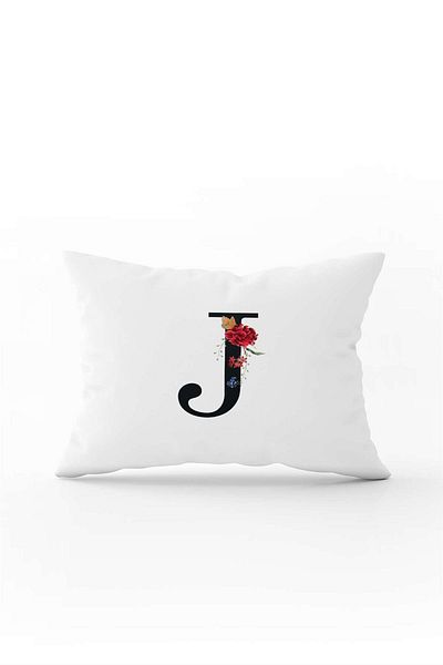 Cango Home Red Floral Black Letter Double Sided Digital Printed Throw Pillow Cover Letter J