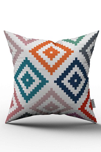 Cango Home White Multicolor Ethnic Geometric Patterned Digital Printed Throw Pillow Cover - Otyk533