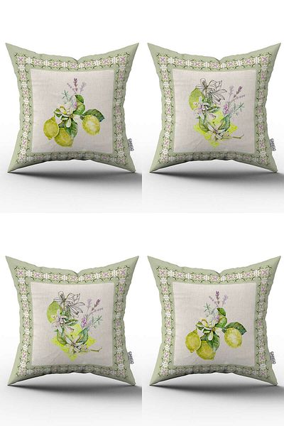 Cango Home Green Cream Decorative Lemon Patterned 4-Piece Digital Printed Throw Pillow Cover Set - 4kmbs266