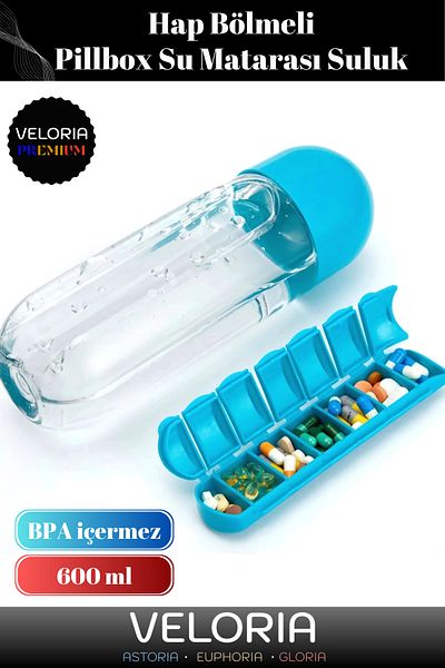 Veloria صندوق دواء من سلسلة بريميوم مع حجرة حبوب منع الحمل 100% خالية من مادة BPA، زجاجة مياه، زجاجة ماء، 600 مل