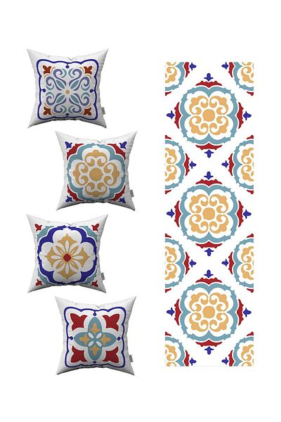 Cango Home Red Blue Modern Ethnic Tile Patterned 4-Piece Throw Pillow Cover 1 Runner Set 4kmbs99-rs-01