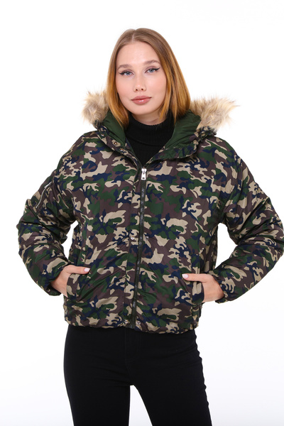 Collezione Kadın Mont Kamuflaj Desenli Kapşonlu