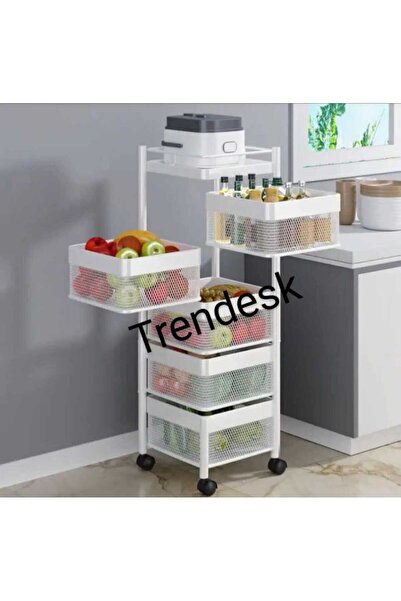 TRENDESK 5 Katlı Metal Beyaz Patates Soğan Sebze Meyve Sepeti Sebzelik Tekerl...