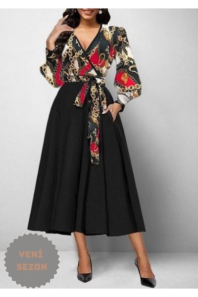 JANES Rochie elegantă cu mânecă lungă pentru femei, cu decolteu dublu, crep, lungime midi, cu imprimeu