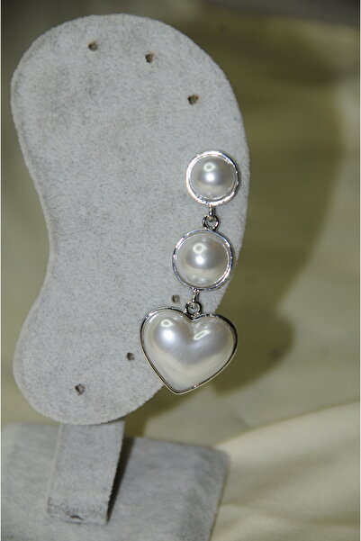 İPAR AKSESUAR Triple Pearl Heart Metal Silver Earring
