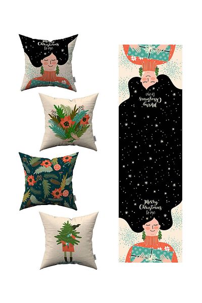 Cango Home Green Christmas Themed 4-Piece Throw Pillow Cover 1 Runner Set 4kmbs058-rs