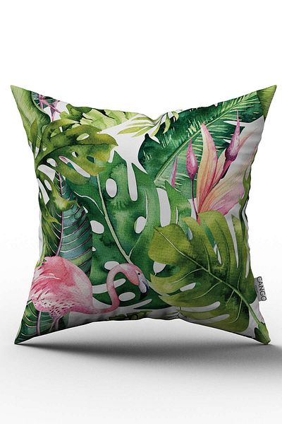 Cango Home Husă de pernă cu model de flamingo tropical, verde, roz, imprimată digitală - Otyk530