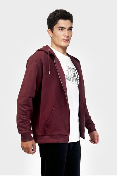 bilcee Men's Burgundy Oversize Zippered Hooded Sweatshirt 7016