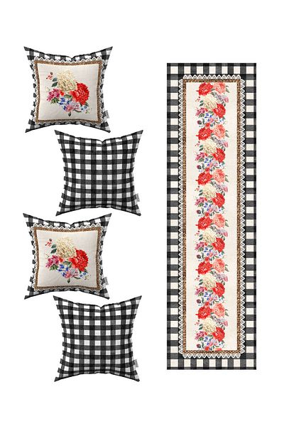 Cango Home Black and White Checkered Floral Patterned 4-Piece Throw Pillow Cover 1 Runner Set 4kmbs270-rs