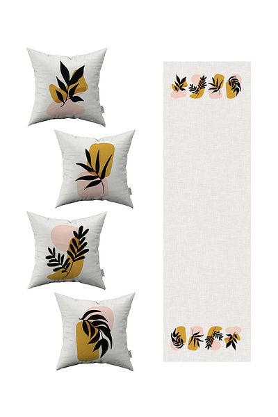 Cango Home Yellow Black Modern Bohemian Leaf Patterned 4-Piece Throw Pillow Cover 1 Runner Set 4kmbs103-rs
