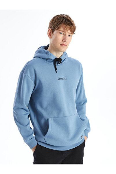 LC Waikiki Lcw Casual Mavi Uzun Kollu Baskılı Erkek Kalın Hoodie