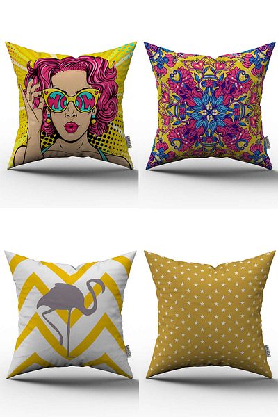 Cango Home Set husă de pernă modernă din 4 piese cu flamingo galben roz și figuri feminine - 43x43 cm - 028