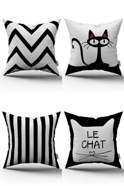 Cango Home Μαύρο και άσπρο ριγέ και μοτίβο γάτας Σετ 4 καλύμματα μαξιλαριού ριχτάρι - 4kmbs016