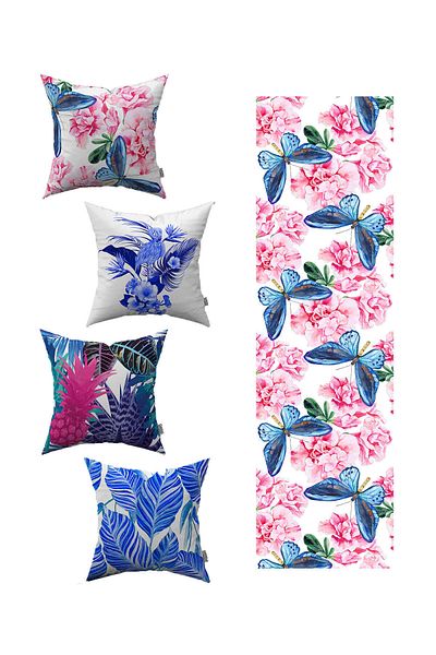 Cango Home Husă de pernă cu model tropical, albastru, roz, 4 piese, 1 set de alergători 4kmbs004-rs-01