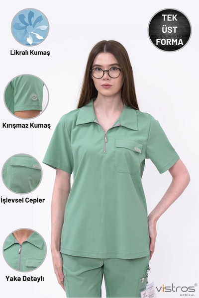 Vistros Medikal Fermuar Detaylı Unisex Doktor Hemşire Çağla Yeşili Medikal Fo...