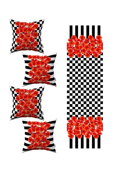 Cango Home Red Black Checkered Striped Floral Patterned 4-Piece Throw Pillow Cover 1 Runner Set 4kmbs260-rs