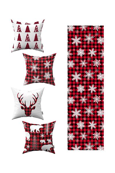 Cango Home Red Black Plaid Christmas Themed 4-Piece Throw Pillow Case 1 Runner Set 4kmbs84-rs-01