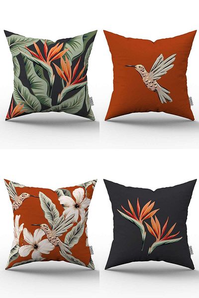 Cango Home Orange Flower Bird Patterned Digital Printed Throw Pillow Cover Set 4kmbs324