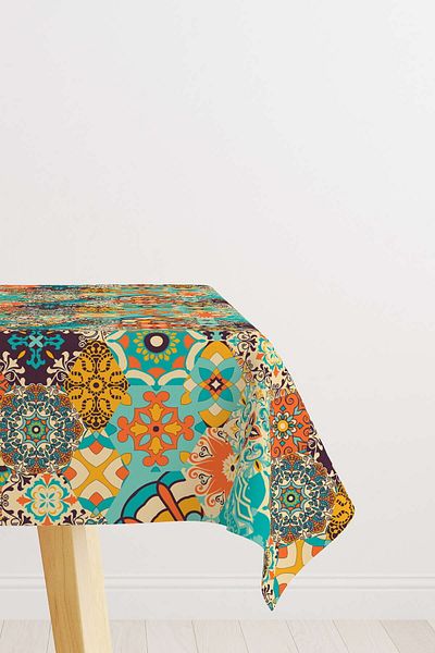 Cango Home Orange Blue Ethnic Vintage Patterned Digital Printed Tablecloth Cgh599-ms