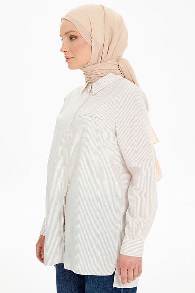 Tuğba Beige Striped Shirt - Slit Detail