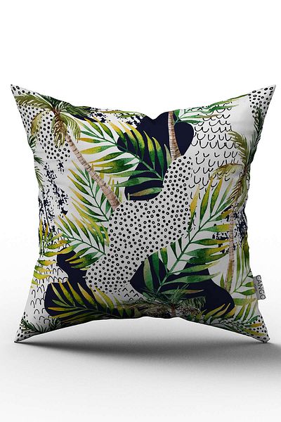 Cango Home Față de pernă cu model de frunze tropicale, alb, verde, pe două fețe - Cgh026-ct