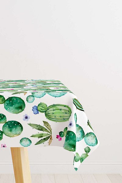 Cango Home Green and White Cactus Patterned Digital Printed Tablecloth Otyk489-ms