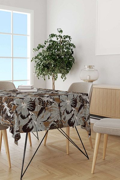 Cango Home Кафява флорална декоративна покривка за маса с дигитален печат Cgh494-ms
