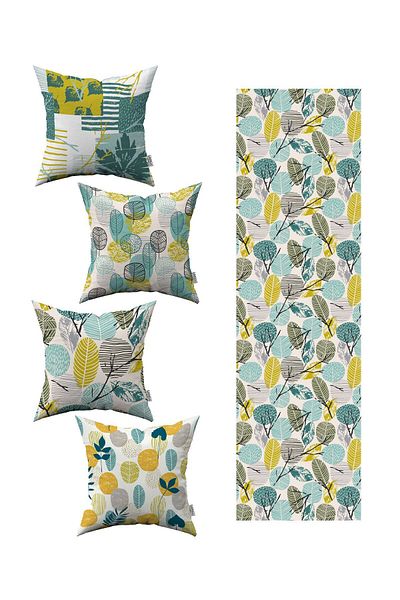 Cango Home Yellow Green Decorative Leaf Patterned 4-Piece Throw Pillow Cover 1 Runner Set 4kmbs289-rs-4