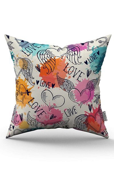 Cango Home Husă de pernă crem, multicoloră, cu inimă scrisă cu inimă, imprimată digitală Cgh1001