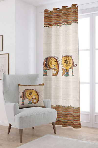 Cango Home Față de pernă cu două fețe crem cu model etnic elefant imprimat digital -cgh1256-ct