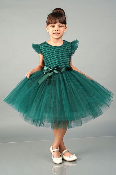 Mixie Green Pompom Sleeves Tulle Girls' Evening Dress Party Dress