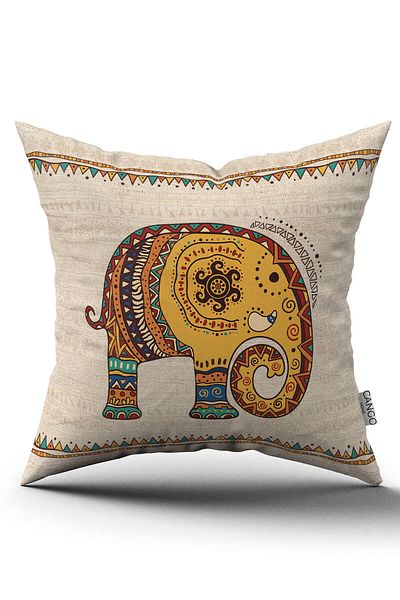 Cango Home Față de pernă cu model elefant etnic crem cu imprimare digitală Cgh1254