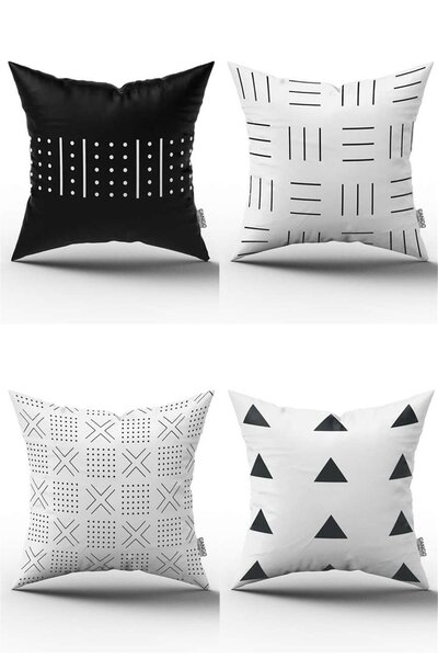 Cango Home Beyaz Siyah Modern Geometrik 4'lü Dijital Baskılı Kırlent Kılıfı S...