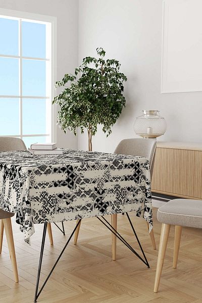 Cango Home Față de masă etnică florală cremă neagră Cgh134-ms