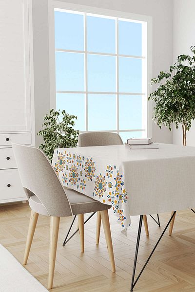 Cango Home Ramadan Themed Cream Orange Decorative Tablecloth - Digital Printed Cgh1304-ms