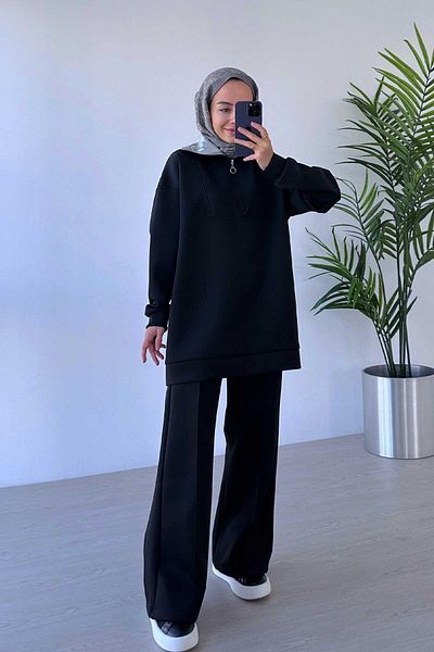Ka Hijab Shiny Collar Detailed Scuba Hijab Set of 2 - Black